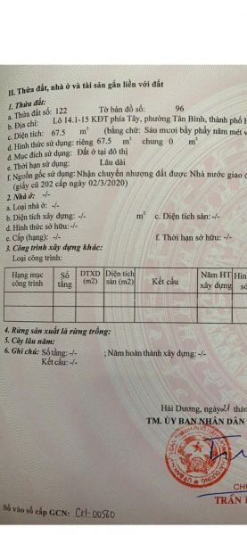 Bán 67.5M2 Đất Mặt Đường Hồ Tùng Mậu, Ph Tân Bình, Tp Hd, Mặt Tiền 4.5M, Vị Trí Đẹp - 638575